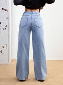 SHEIN PETITE 女士口袋宽松阔腿休闲牛仔裤，百搭 - 藍色 - 查看 2