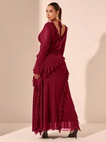 SHEIN BAE 大码长袖浪漫荷叶边连衣裙，适合约会、旅行、秋季、内衣、蝴蝶结、夏装、节日派对服装、优雅、生日服装、网眼、性感连衣裙、大码生日礼服 - 酒紅色 - 查看 2