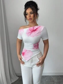 Selianne 1pc Women's Floral Print Oblique Shoulder Short Sleeve Fitted Top - White - View 3