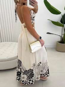 Breezaya Conjunto de 2 piezas de estilo vacacional con top tipo halter estampado con flores y plantas y falda con abertura lateral envuelta - Blanco y Negro - Ver 3