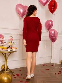 SHEIN Tween Girls French Collar Knitted Ribbed Dress,Burgundy Red Autumn Elegant Wedding Guest Long Sleeve Snug Fit Mini Dresses,Matching Family Style - Burgundy - View 2