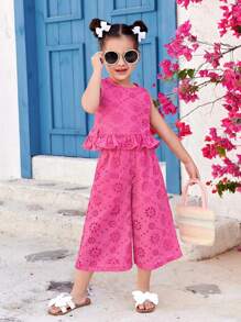 SHEIN Leap Crew 2pcs Young Girl Woven Solid Crew Neck Fitted Camisole And Loose Woven Long Pants Set - Hot Pink - View 3