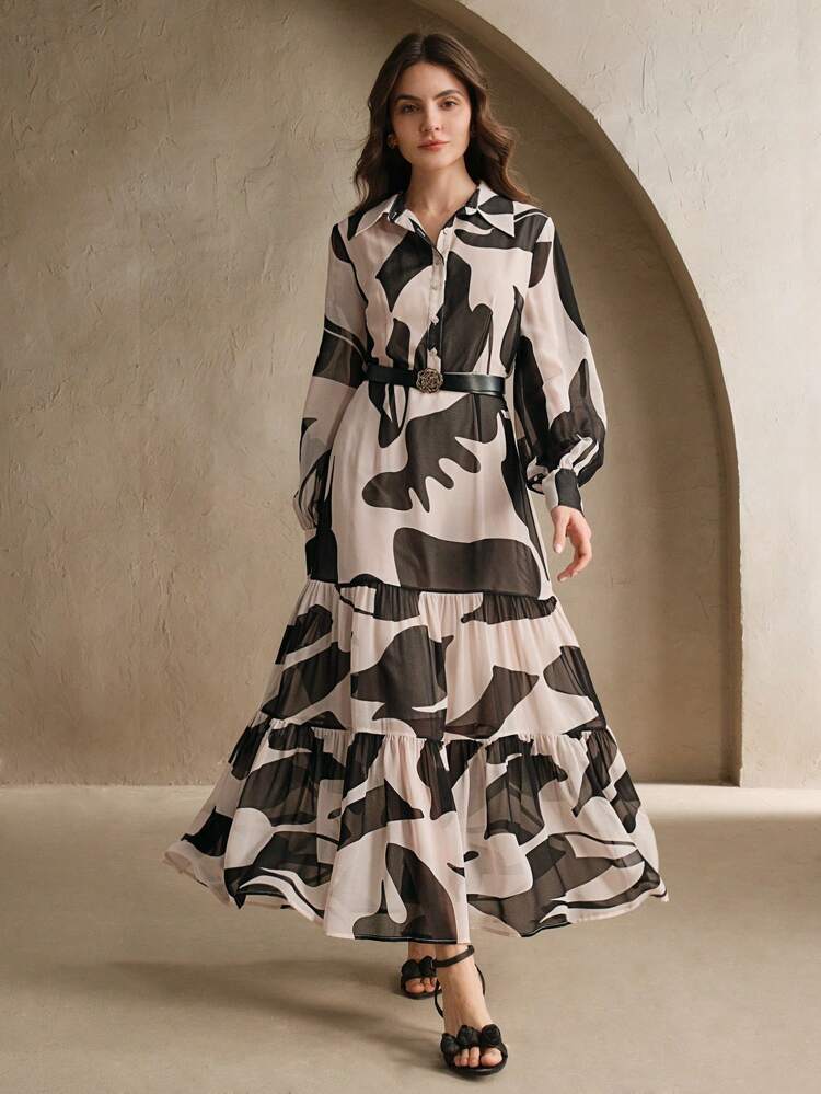 Spring New Women's Long Cinched Waist Waist Loose Fit Slimming Long Sleeve Dress