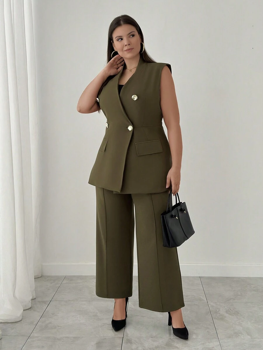 EURMUSE Bộ vest thanh lịch cỡ lớn kèm quần và - màu xanh lá - Xem 1