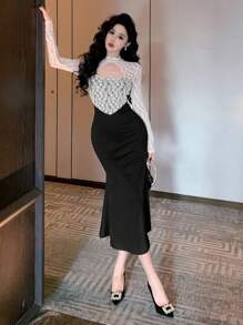 DAZY Color Block Sheer Mesh Lace Patchwork Hollow Out Bodycon Mermaid Dress, Spring Women Long Dress - Black - View 1