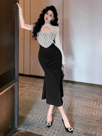 DAZY Farbblockkleid aus transparentem Mesh-Spitzen-Patchwork mit Hohlräumen, figurbetontes Meerjungfrauenkleid, Frühlingsfrauen Langkleid