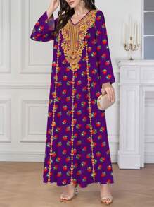 Al Najma 女士斋月复古印花 V 领长袖连衣裙 - 紫色 - 查看 3