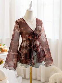 Soleia Women's Retro Tie Dye Print V-Neck Front Bowknot Flare Sleeve Asymmetrical Hem Fitted Blouse, Suitable For Party, Festival, Vacation - Multicolor - View 4