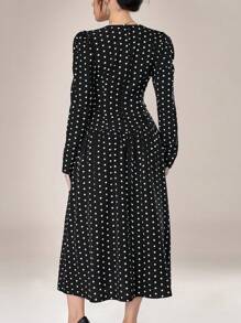 Modelyn 女士圆点印花泡泡袖优雅中长连衣裙