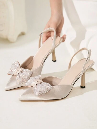 CUCCOO CHICEST Tacones altos de aguja de satén con lentejuelas y lazo para mujer, elegantes, dulces, encantadores y con carisma en color champán y albaricoque para ocasiones formales y fiestas