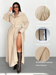 Maweii Vestido camisa informal de manga larga, hombros caídos, talla grande, unicolor para mujeres - Camel - Ver 3