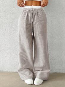 SHEIN PETITE CURVE Pantalones informales tejidos a rayas en marrón para mujer de tallas grandes, para primavera/verano