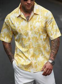 Manfinity RSRT Men's Vacation Casual Style Featuring An INS-Inspired Spring/Summer Impressionist Yellow SunDitsy Floral Bubble-Textured Jacquard Short-Sleeve Loose-Fit Shirt With A Button-Front Closure-Perfect For Music Festivals Men's Casual Jacquard Woven Yellow Shirt, Summer, Yellow For Men, Summer Shirt For Men, Vintage Shirts For Men, Party Shirts For Men