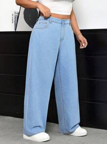 SHEIN ICON Plus Size Denim Wide Leg Pants In Loose And Fashionable Style - Light Wash - View 5