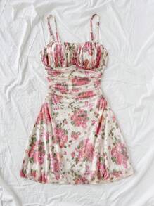Soleia Vestido corto de verano con diseño floral de malla y drapeado sin espalda con tirantes para primavera y vacaciones - Multicolor - Ver 4