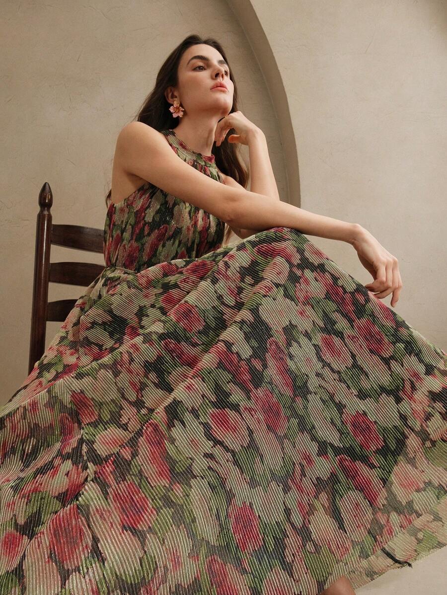 Anewsta 女士无袖束腰花卉印花网眼连衣裙，优雅适合度假、派对、约会之夜、情人节 - 玫紅色 - 查看 1