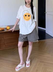 DAZY 2件套女士笑脸条纹宽松短裤和短袖睡衣套装睡衣 - 白色 - 查看 5