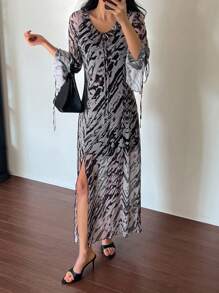 DAZY بلوزة نسائية ماكسي مع فتحة جانبية وأكمام طويلة بوشاح رقبة وربطة عنق علي طراز خطوط الزيبرا للصيف والعطلات