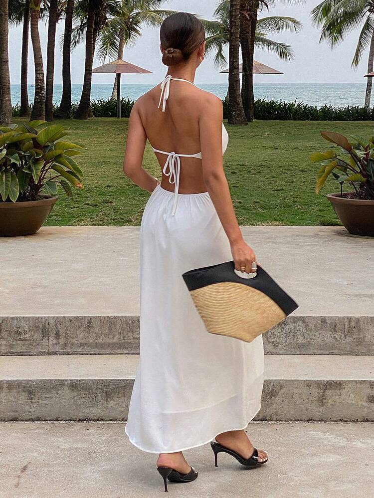 Solid Color Halter Twist Back Dress, Women Long Beach Dress Summer Prom Dress Cruise Women Outfits Sundress Vacation Maxi Dress