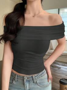 DAZY Dames effen kleur minimalistische casual strakke off-shoulder top T-shirt, off-shoulder top
