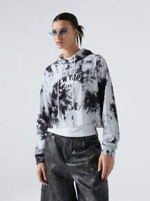 LYSMO New York Graphic Tie-Dye Cropped Hoodie,Long Sleeve Tops Graduation,Back To School Outfits,Graduation,Teacher Outfits For Women,Back To School