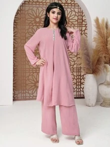 SHEIN Teen Girls Casual Solid Color Round Neck Shirt Top Matching Loose Pants 2 Pieces Set - Pink - View 5