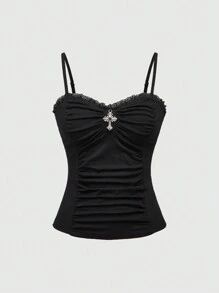 ROMWE Goth Cross Pendant Lace Patchwork Ruched Snug Fit Women Tank Top - Black - View 5