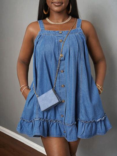 Slaydiva Nuevo vestido vaquero casual y suelto de mujer con decoración de botones metálicos, correas y diseño tipo línea A, perfecto para primavera/verano, festivales de música, estilo boho occidental, Pascua, Nashville, cumpleaños, graduación, uso diario, vacaciones, cruceros, playa y virales en streetwear universitario y minimalista.