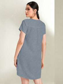 SHEIN LUNE 女士 V 领短袖休闲短裙 - 灰色 - 查看 2