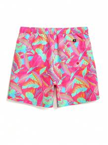 Manfinity KASUA Men's Tropical Plant Print Drawstring Waist Beach Shorts Men Swim Trunks,Hawaiian - Hot Pink - View 2