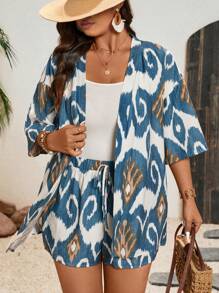SHEIN VCAY Plus Size Boho Vacation Style Printed Shirt And Shorts 2 Pieces Set, For Summer - Blue and White - View 3