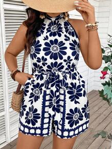 SHEIN VCAY Plus Size Women Floral Printed V-Neck Sleeveless Romper - Blue and White - View 5