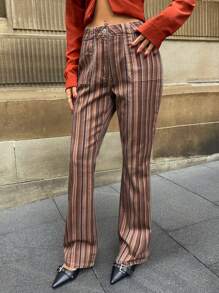Forever 21 New Autumn/Winter Women Striped Trumpet Printed Denim Pants - Multicolor - View 3