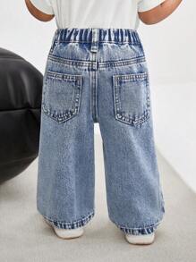 SHEIN 女婴可爱花卉图案蓝色直筒裤，女童春夏休闲度假乡村波西米亚风服装，女童沙滩装，春假狂欢装节日装 - 中等水洗藍 - 查看 2