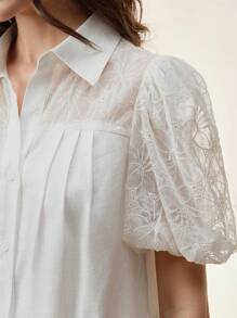 Anewsta 女式短款蕾丝拼布衬衫，休闲优雅，适合春夏季 - 白色 - 查看 6