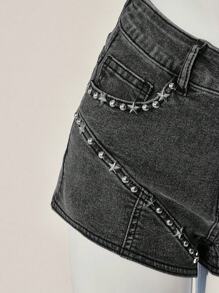 SHEIN ICON Women's Fashion Distressed Studded Decoration Y2K Black Star Denim Low Rise Jeans Shorts
