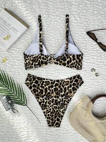 SHEIN Swim 春假新款时尚豹纹粗肩带金属装饰扭结露背吊带泳衣套装（女款） - 彩色 - 查看 8