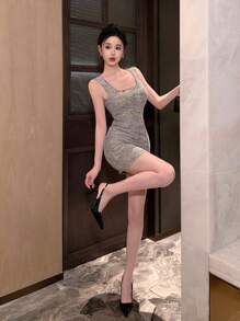 DAZY Plaid Sleeveless Midi Dress For Wedding Party Prom Dress Elegant Vacation - Black - View 2