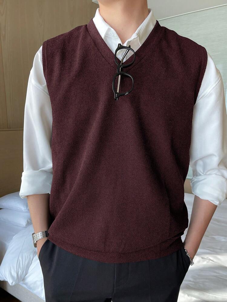Men's Solid Burgundy Knit Tank Top, Summer Fall,Winter Vest