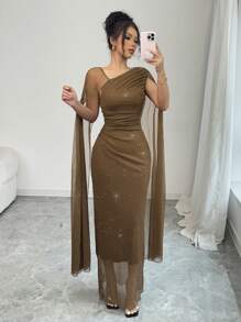 Elenzga Vestido de cóctel ajustado de lujo para mujer con capa de malla tejida de unicolor y mangas plisadas