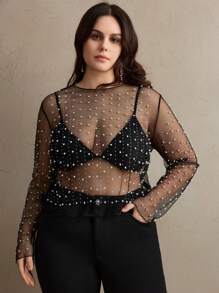Anewsta Transparent Mesh Women's Plus Size Long Sleeved Summer Rhinestone Faux Pearl Top Spring For Women - Black - View 5