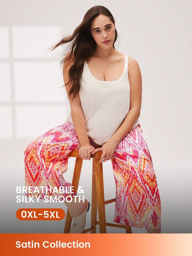 Plus Satin Tank Top & Patterned Pants PJ Set