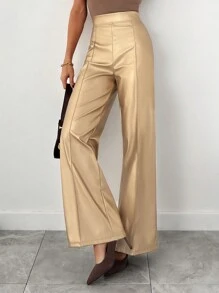 RueChic Gold Coated Pintuck Detailed Gold Pants - Gold - View 3