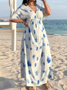 SHEIN VCAY Plus Size Floral Print Batwing Sleeve Summer Vacation Dress, Beach Outfits For Woman Beach Vacation Outfits, Spring Outfits For Women, Summer Outfits For Women, Graphic Outfits Women, Concert Outfit Women, Rave Outfits Festival - Blue and White - View 5