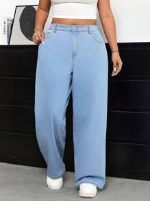 SHEIN ICON Plus Size Denim Wide Leg Pants In Loose And Fashionable Style - Light Wash - View 6