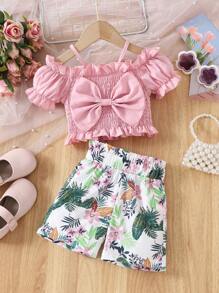 2pcs/Set Baby Girls Spaghetti Strap Princess Ruffle Sleeve Top And Elastic Waist Floral Printed Shorts Set, Comfortable & Stylish Fashion For Spring, Summer, Autumn, Suitable For Casual & Outdoor