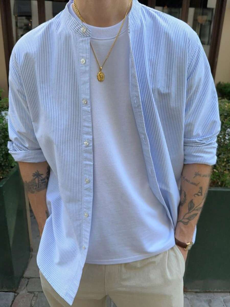 Manfinity Dauomo 男士休闲通勤条纹长袖衬衫，秋季