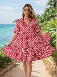 SHEIN VCAY Vacation Woven Plunging V-Neck Loose Mini Dress For Women,Vacation Outfit,Summer Outfits For Women - Pink - View 5