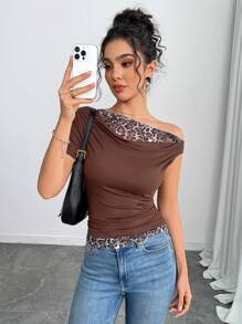 SHEIN Unity Knitted Leopard Print Lace Splice Oblique Shoulder Short Sleeve T-Shirt - Brown - View 5