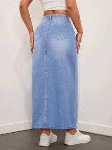 SHEIN EZwear 女式简约前扣口袋休闲牛仔裙 - 淺色水洗藍 - 查看 2